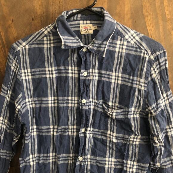 Faherty Mens Shirt Blue White Plaid 100% Linen Button Up Long Sleeve Small - Picture 2 of 11